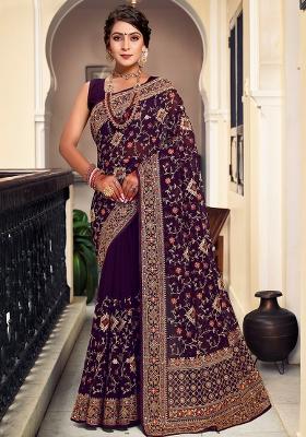 Purple Embroidered Georgette Saree Set
