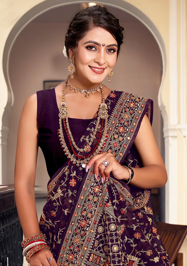 Purple Embroidered Georgette Saree Set - Indya