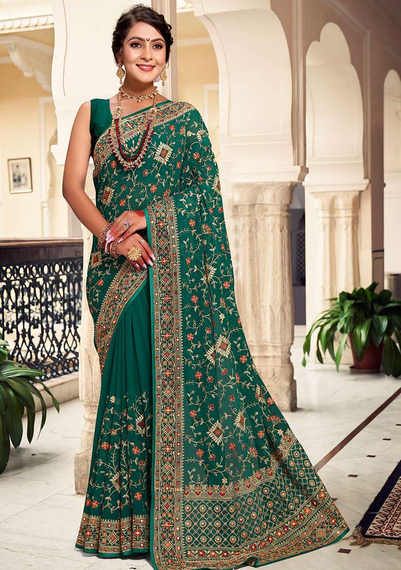 Rama Georgette Saree Set with Embroidered for Diwali | Wedding & Festive Wear - Indya