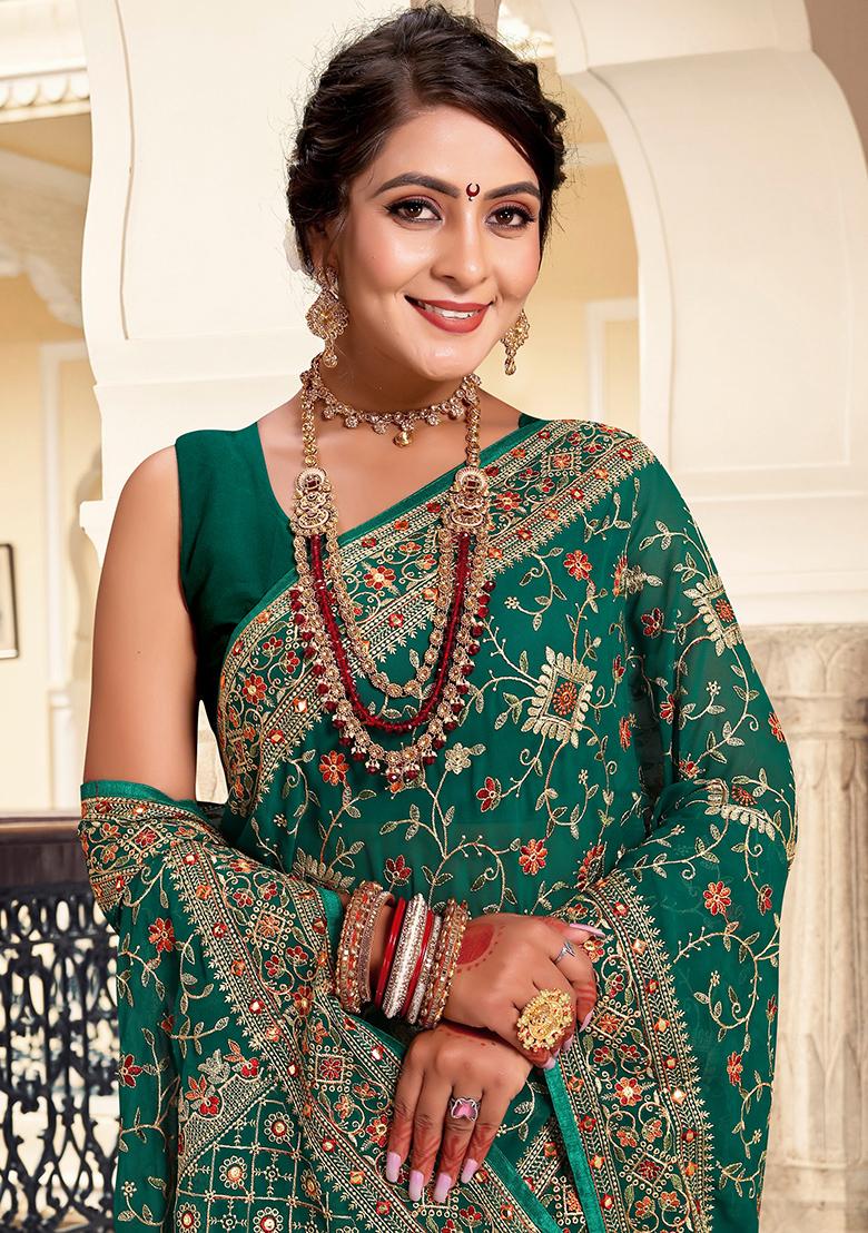 Rama Embroidered Georgette Saree Set - Indya