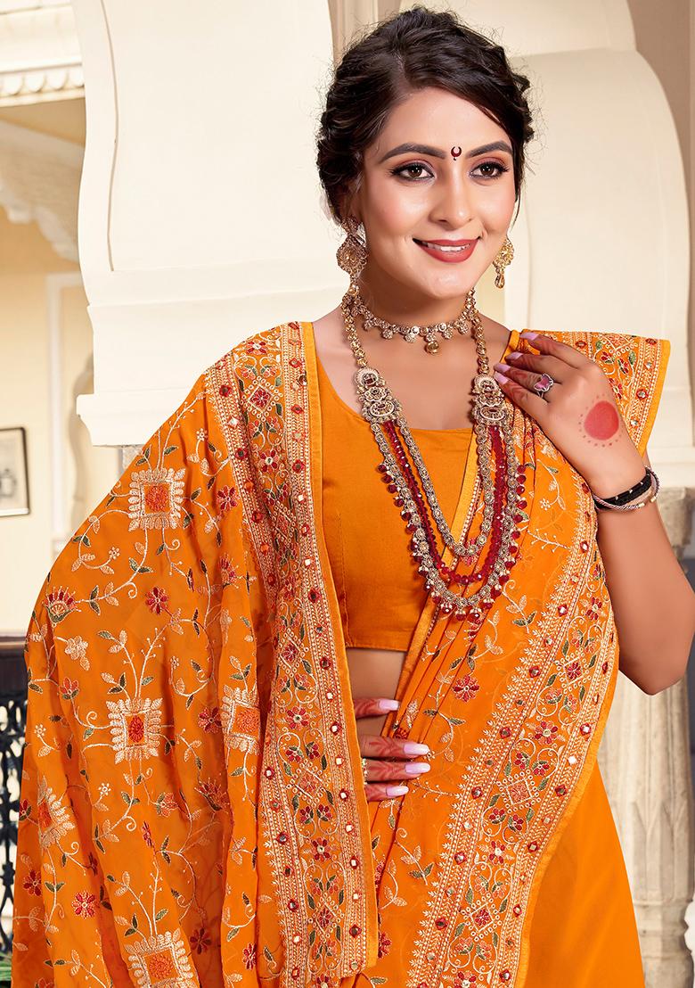 Mustard Embroidered Georgette Saree Set - Indya