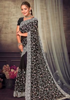Black Embroidered Georgette Saree Set