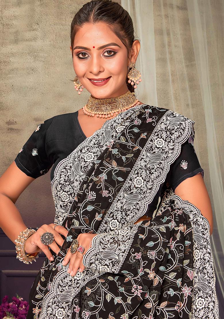 Black Embroidered Georgette Saree Set - Indya