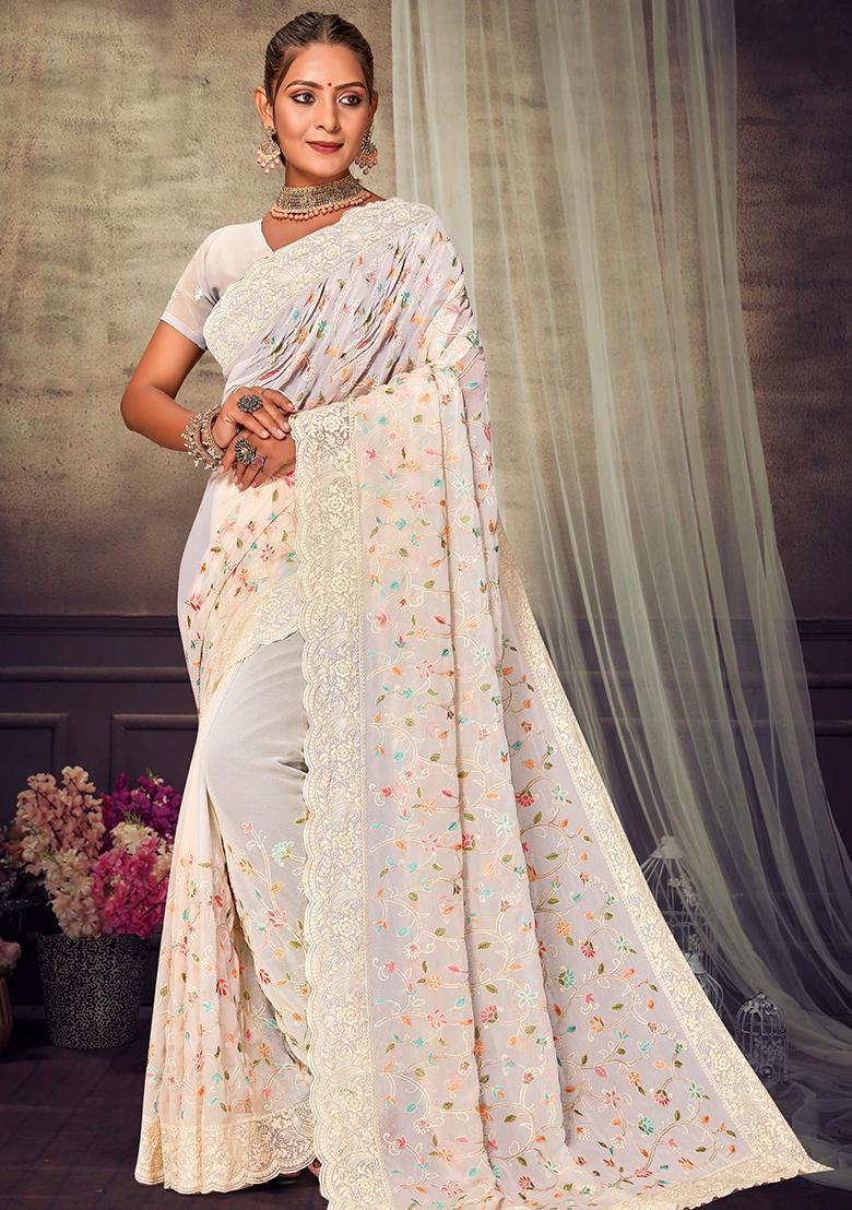 Off White Embroidered Georgette Saree Set - Indya