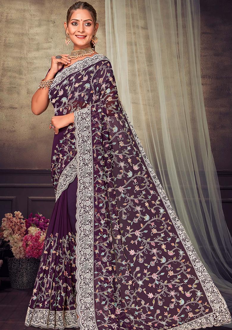 Purple Embroidered Georgette Saree Set - Indya