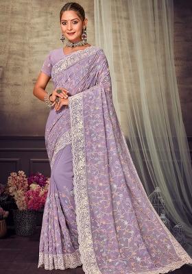 Lavender Embroidered Georgette Saree Set