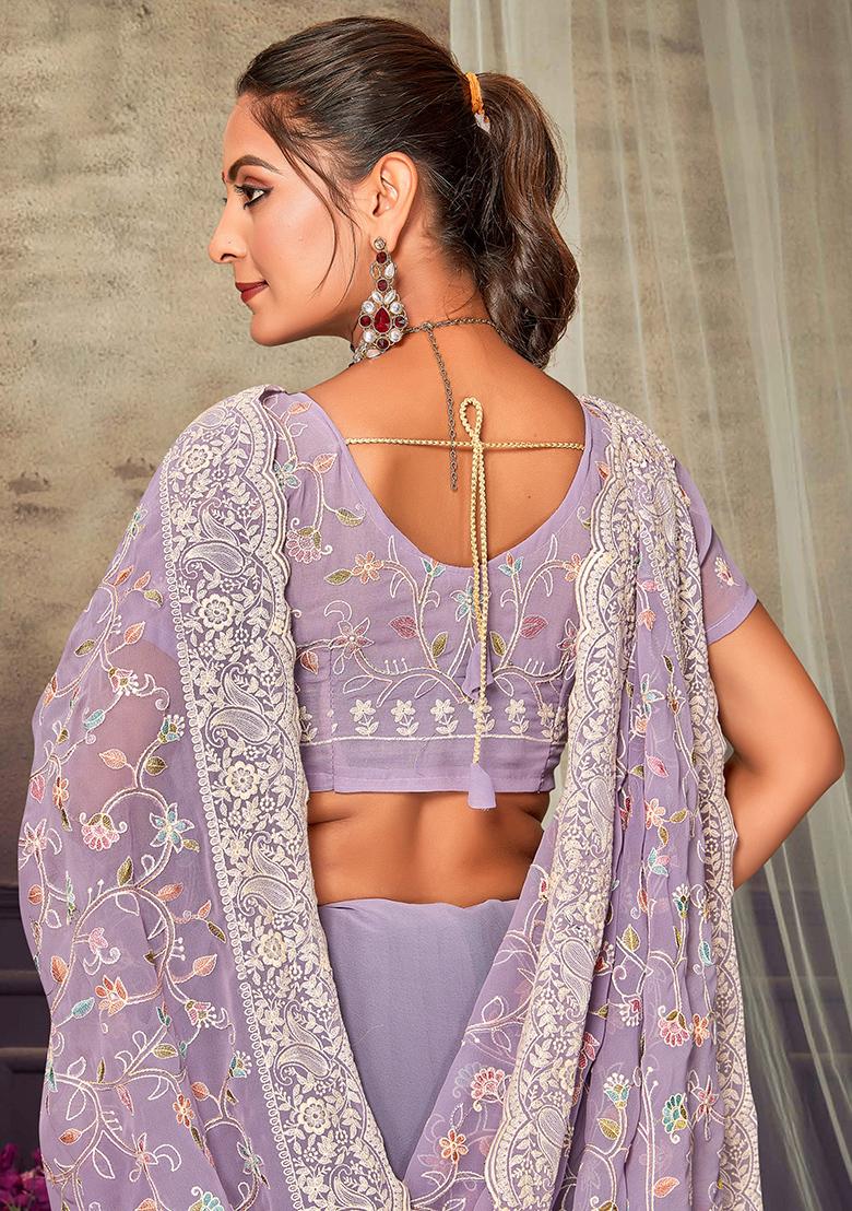 Lavender Embroidered Georgette Saree Set - Indya