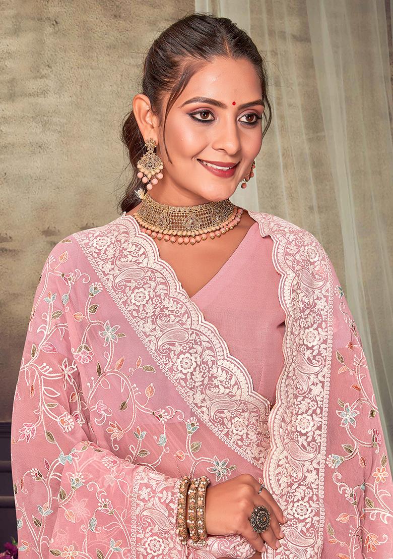 Peach Embroidered Georgette Saree Set - Indya