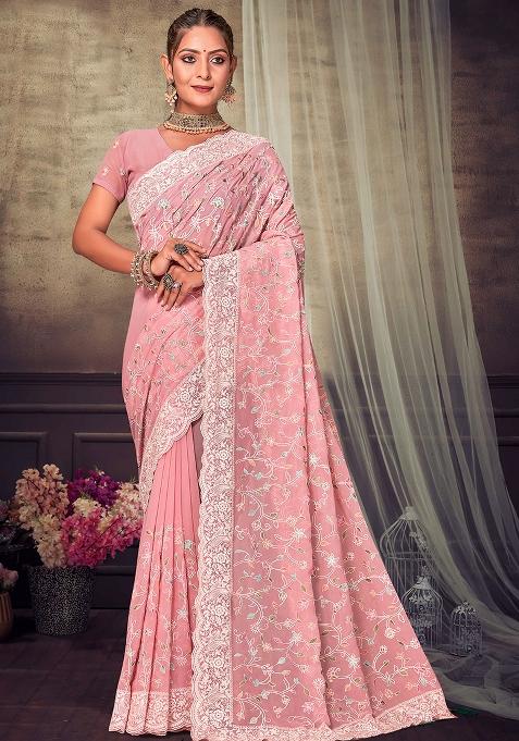 Peach Embroidered Georgette Saree Set
