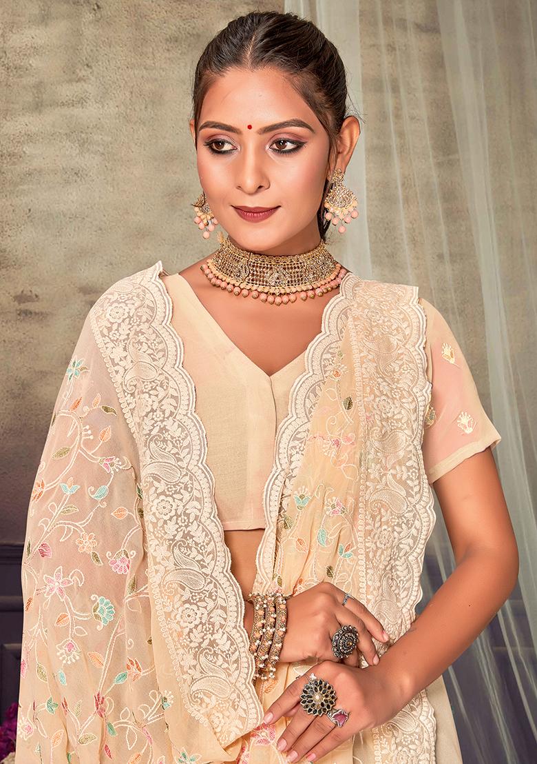 Yellow Embroidered Georgette Saree Set - Indya