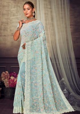 Mint Embroidered Georgette Saree Set