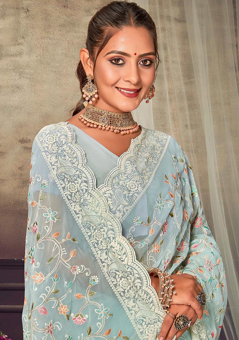 Mint Embroidered Georgette Saree Set - Indya