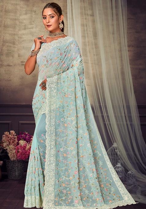 Mint Embroidered Georgette Saree Set
