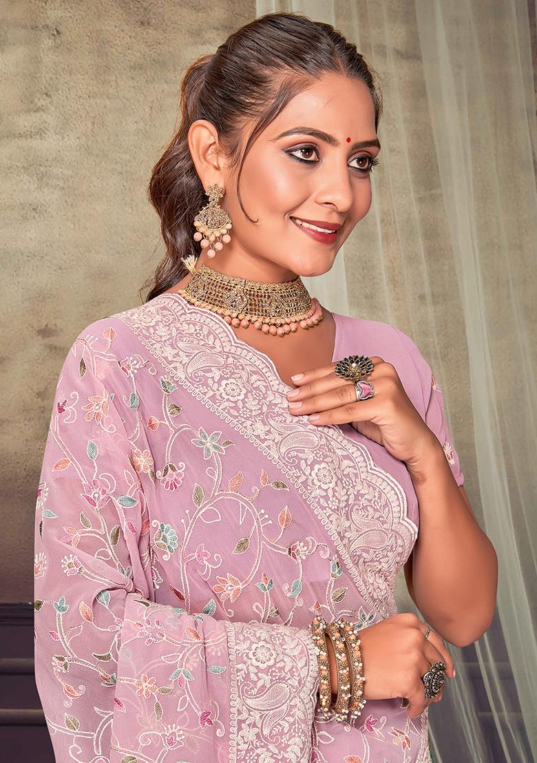 Pink Embroidered Georgette Saree Set - Indya