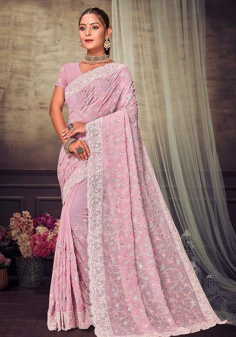 Pink Embroidered Georgette Saree Set