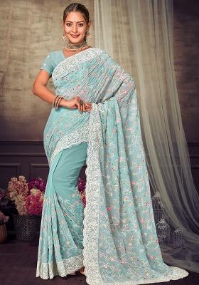 C Green Embroidered Georgette Saree Set