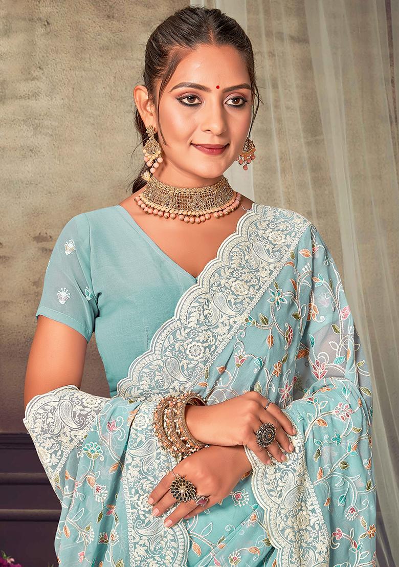 C Green Embroidered Georgette Saree Set - Indya