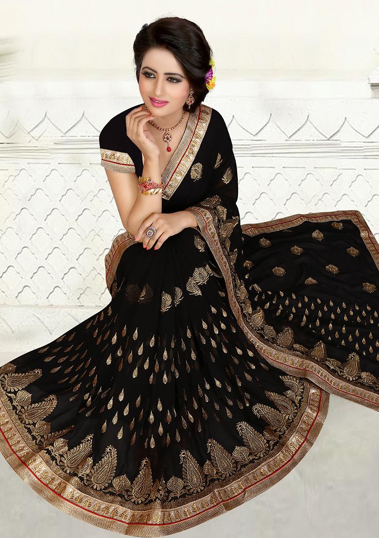 Black Embroidered Georgette Saree Set - Indya