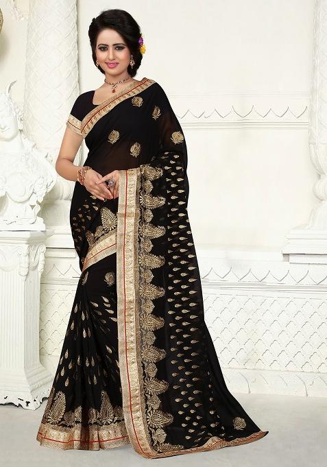 Black Embroidered Georgette Saree Set