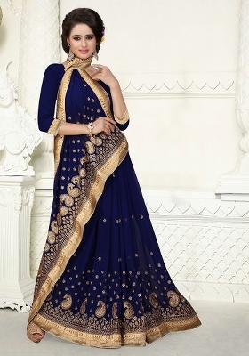 Navy Blue Embroidered Georgette Saree Set