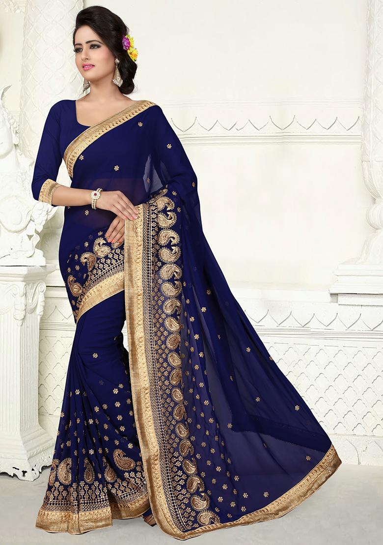 Navy Blue Embroidered Georgette Saree Set - Indya