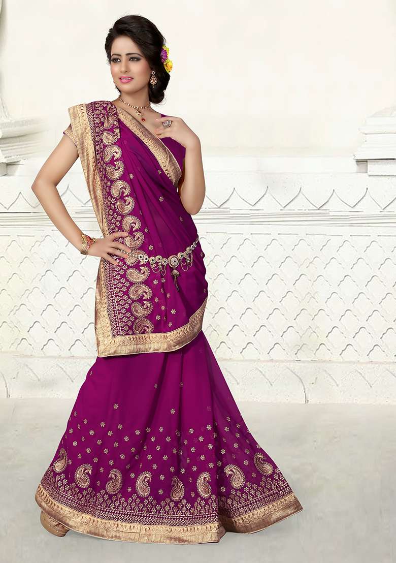 Wine Embroidered Georgette Saree Set for Diwali and Festive Wear - Indya