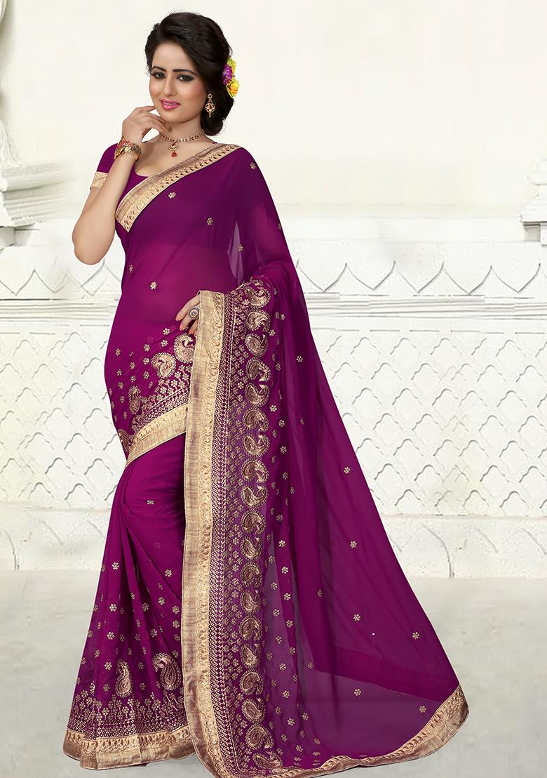Wine Embroidered Georgette Saree Set - Indya