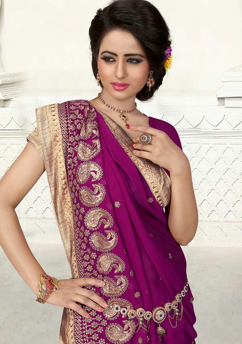Wine Embroidered Georgette Saree Set for Diwali and Festive Wear - Indya