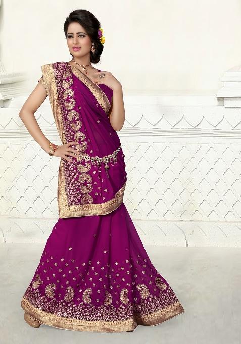 Wine Embroidered Georgette Saree Set