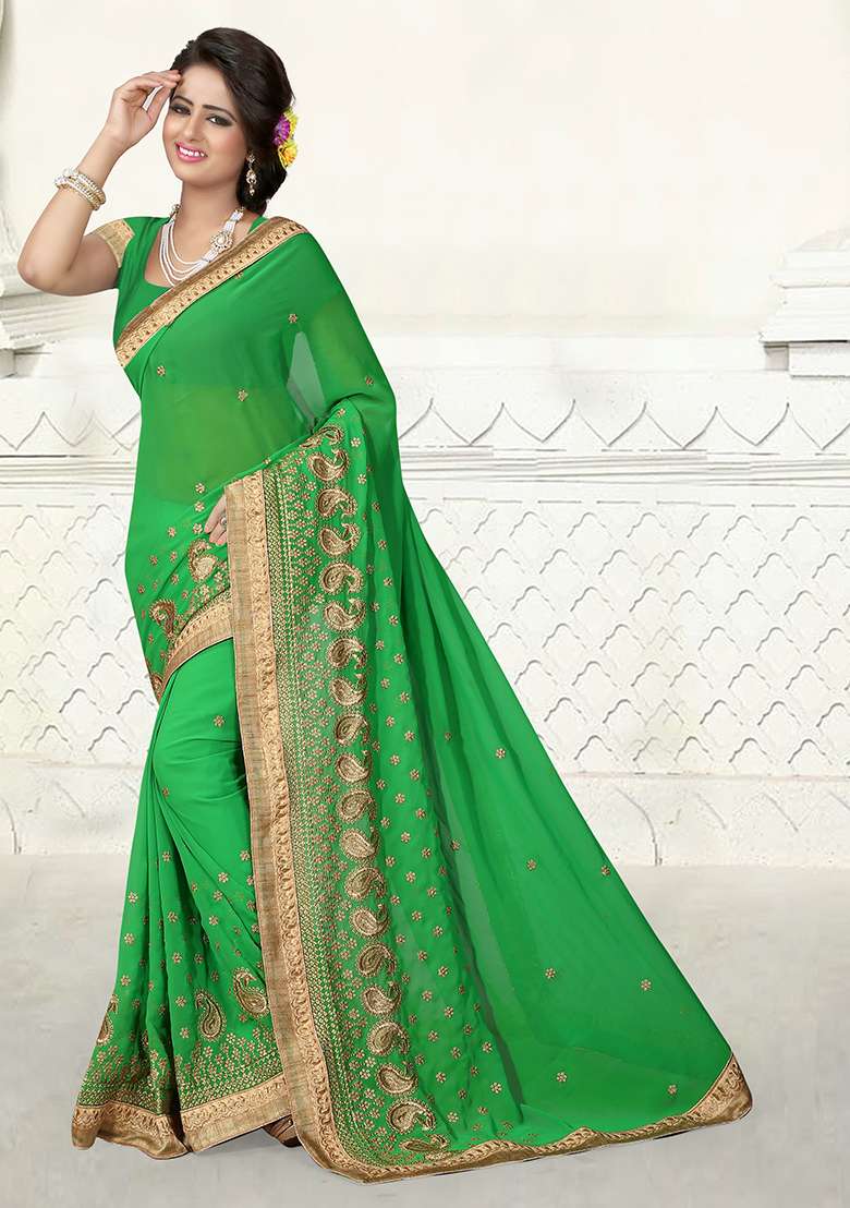 Green Embroidered Georgette Saree Set for Diwali and Festive Wear - Indya