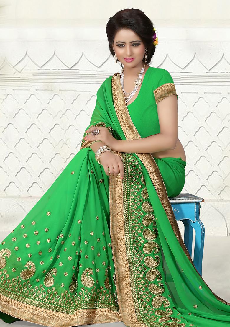 Green Embroidered Georgette Saree Set - Indya