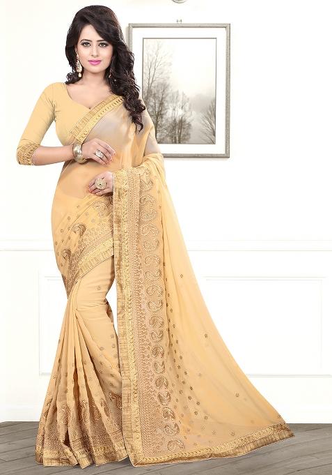 Chiku Embroidered Georgette Saree Set