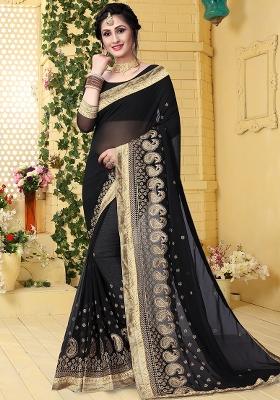 Black Embroidered Georgette Saree Set