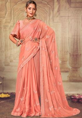 Peach Embroidered Soft Silk Chiffon Saree Set