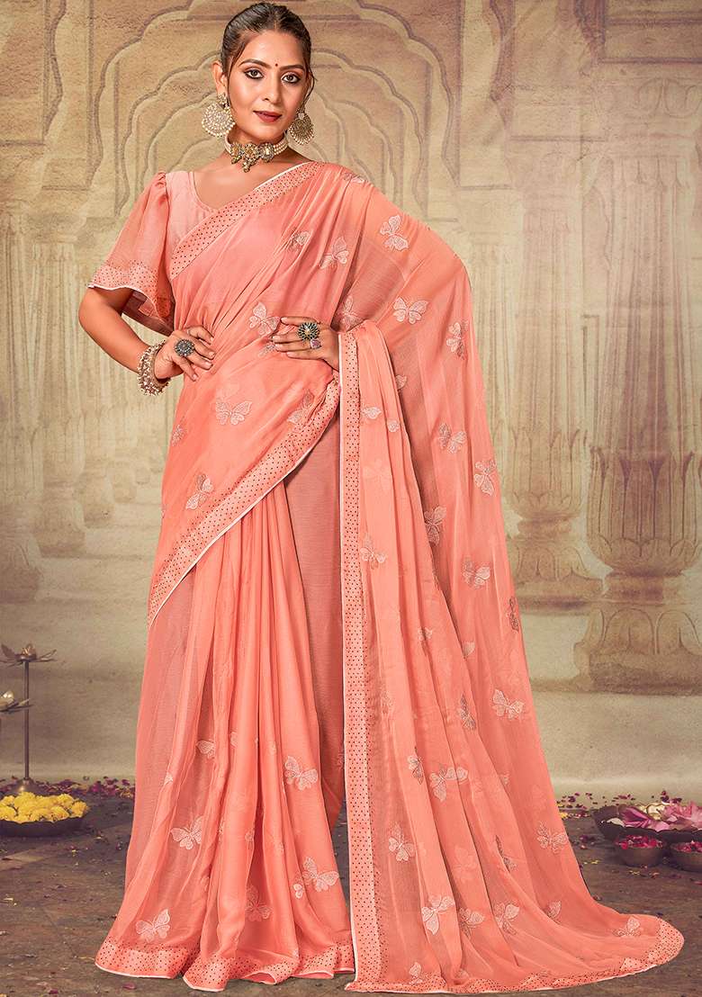 Peach Embroidered Soft Silk Blend Chiffon Saree Set for Diwali and Festive Wear - Indya