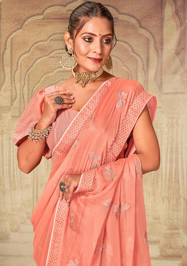 Peach Embroidered Soft Silk Chiffon Saree Set - Indya