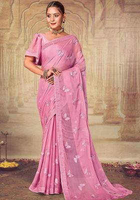 Pink Embroidered Soft Silk Chiffon Saree Set