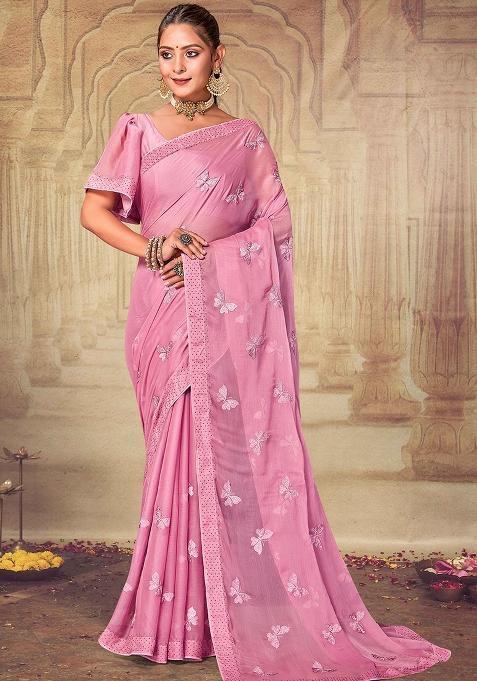 Pink Embroidered Soft Silk Chiffon Saree Set