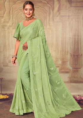 Pista Embroidered Soft Silk Chiffon Saree Set