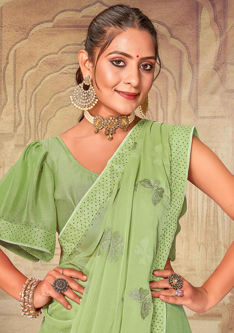 Pista Embroidered Soft Silk Chiffon Saree Set - Indya