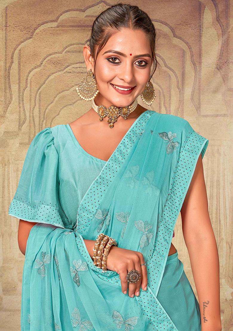 Sky Embroidered Soft Silk Chiffon Saree Set - Indya