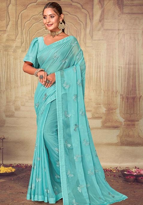 Sky Embroidered Soft Silk Chiffon Saree Set