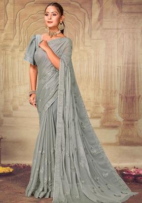 Grey Embroidered Soft Silk Chiffon Saree Set