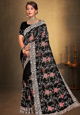 Black Embroidered Georgette Saree Set