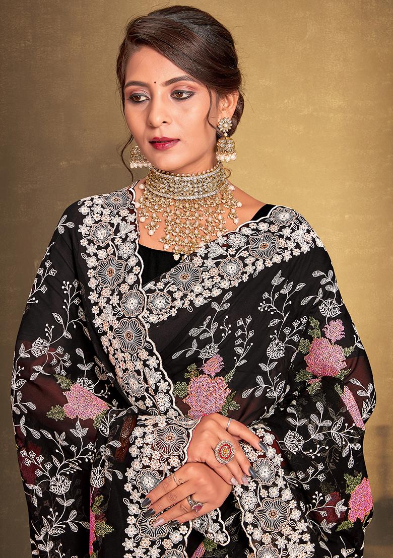 Black Embroidered Georgette Saree Set - Indya