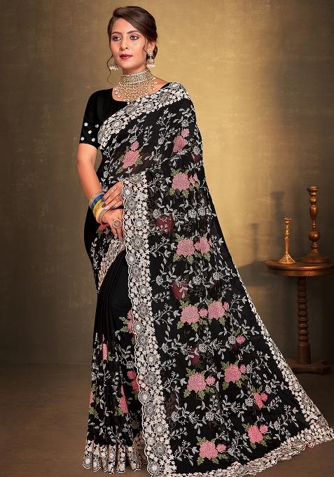 Black Embroidered Georgette Saree Set