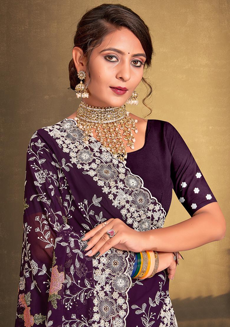 Purple Embroidered Georgette Saree Set - Indya