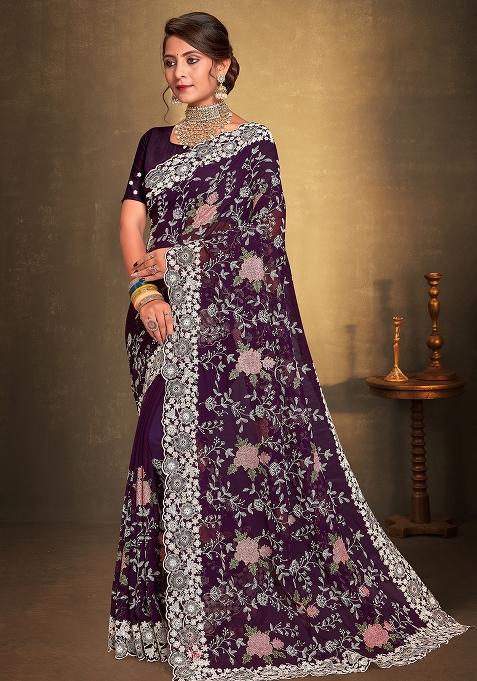 Purple Embroidered Georgette Saree Set