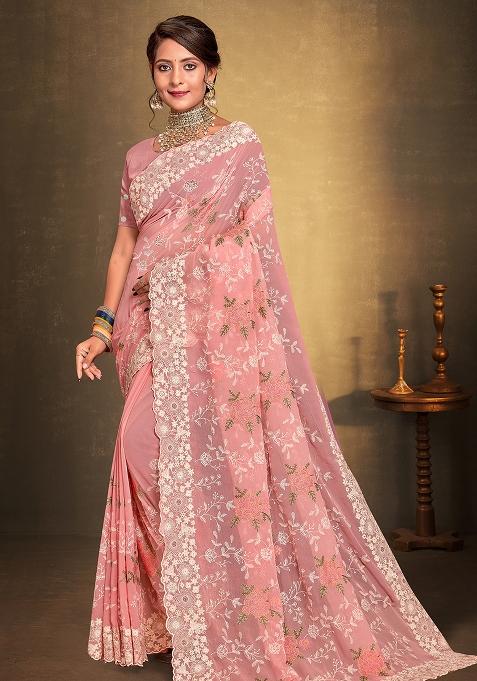 Peach Embroidered Georgette Saree Set