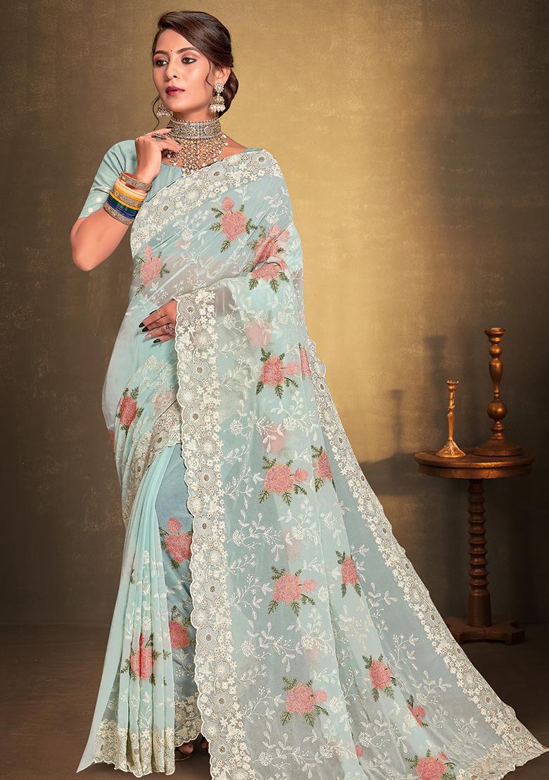 Mint Embroidered Georgette Saree Set